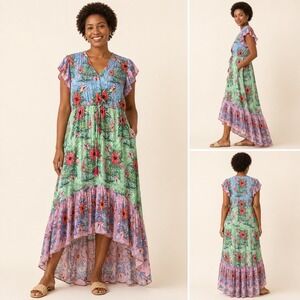 Lula Soul Monmarte Maxi Dress Viscose S Multicolor Floral Boho High Low Pockets